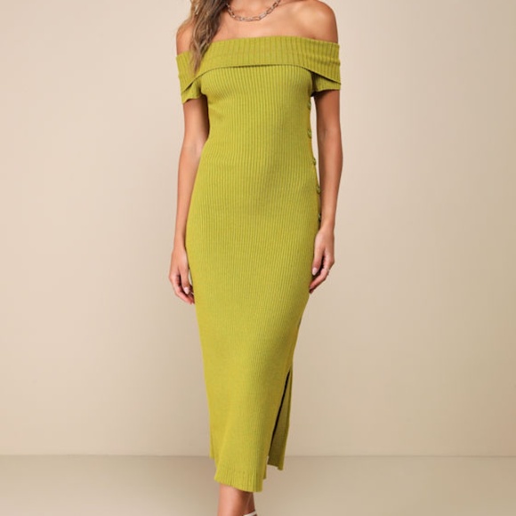 Lulus Heightened Aura Chartreuse Ribbed Off-the-shoulder Sweater Dress Green - Picture 1 of 1